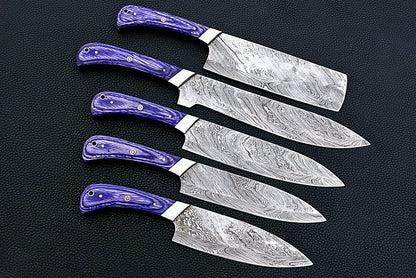 HS-161 Custom Handmade Damascus Five Pecs Kitchen/Chef Knives Set- Hard Wood Handle - Best Price