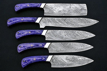 HS-161 Custom Handmade Damascus Five Pecs Kitchen/Chef Knives Set- Hard Wood Handle - Best Price