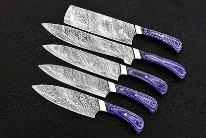 HS-161 Custom Handmade Damascus Five Pecs Kitchen/Chef Knives Set- Hard Wood Handle - Best Price