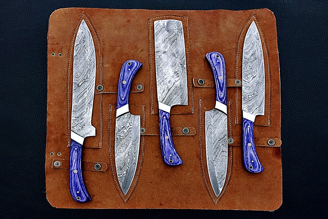 HS-161 Custom Handmade Damascus Five Pecs Kitchen/Chef Knives Set- Hard Wood Handle - Best Price