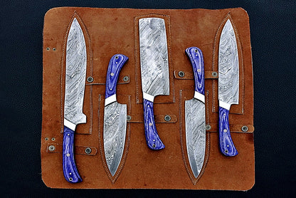 HS-161 Custom Handmade Damascus Five Pecs Kitchen/Chef Knives Set- Hard Wood Handle - Best Price