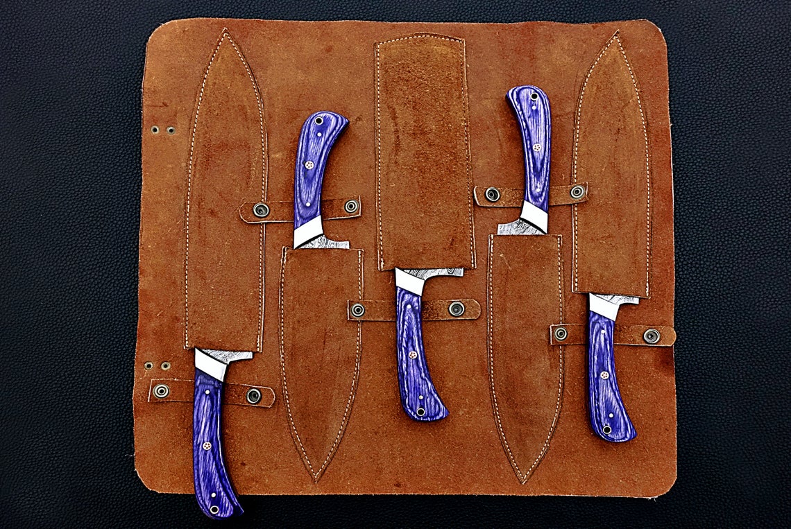 HS-161 Custom Handmade Damascus Five Pecs Kitchen/Chef Knives Set- Hard Wood Handle - Best Price