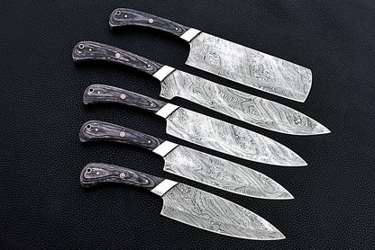 HS-164 Custom Handmade Damascus Five Pecs Kitchen/Chef Knives Set- Hard Wood Handle - Best Price