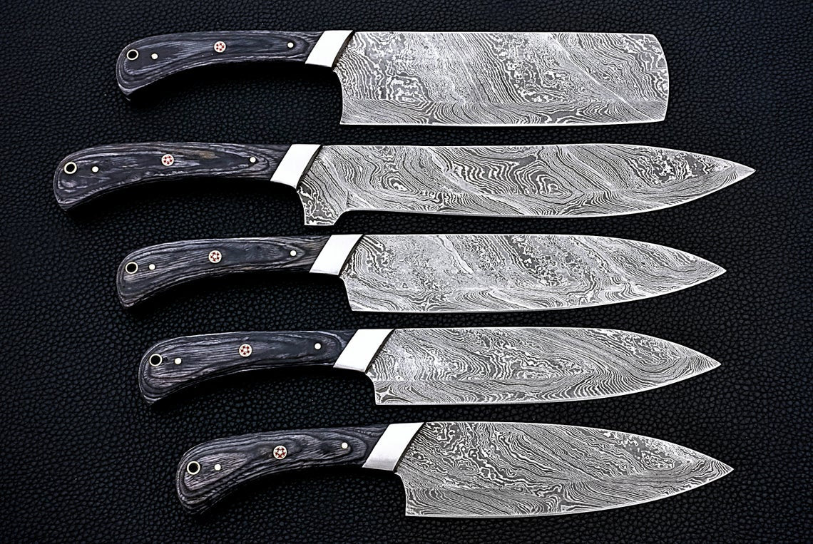 HS-164 Custom Handmade Damascus Five Pecs Kitchen/Chef Knives Set- Hard Wood Handle - Best Price
