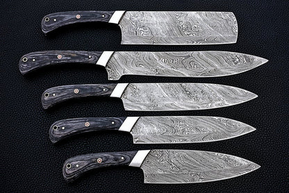 HS-164 Custom Handmade Damascus Five Pecs Kitchen/Chef Knives Set- Hard Wood Handle - Best Price