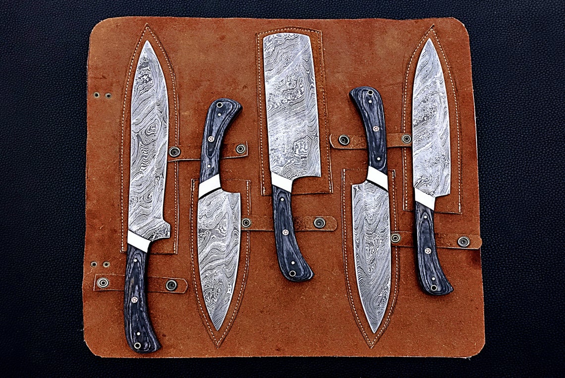 HS-164 Custom Handmade Damascus Five Pecs Kitchen/Chef Knives Set- Hard Wood Handle - Best Price