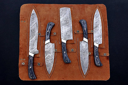 HS-164 Custom Handmade Damascus Five Pecs Kitchen/Chef Knives Set- Hard Wood Handle - Best Price