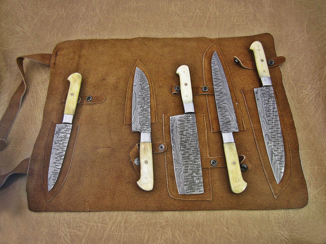 HS-163 Custom Handmade Damascus Five Pecs Kitchen/Chef Knives Set-  Camel Bone Handle - Best Price