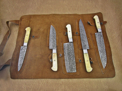 HS-163 Custom Handmade Damascus Five Pecs Kitchen/Chef Knives Set-  Camel Bone Handle - Best Price