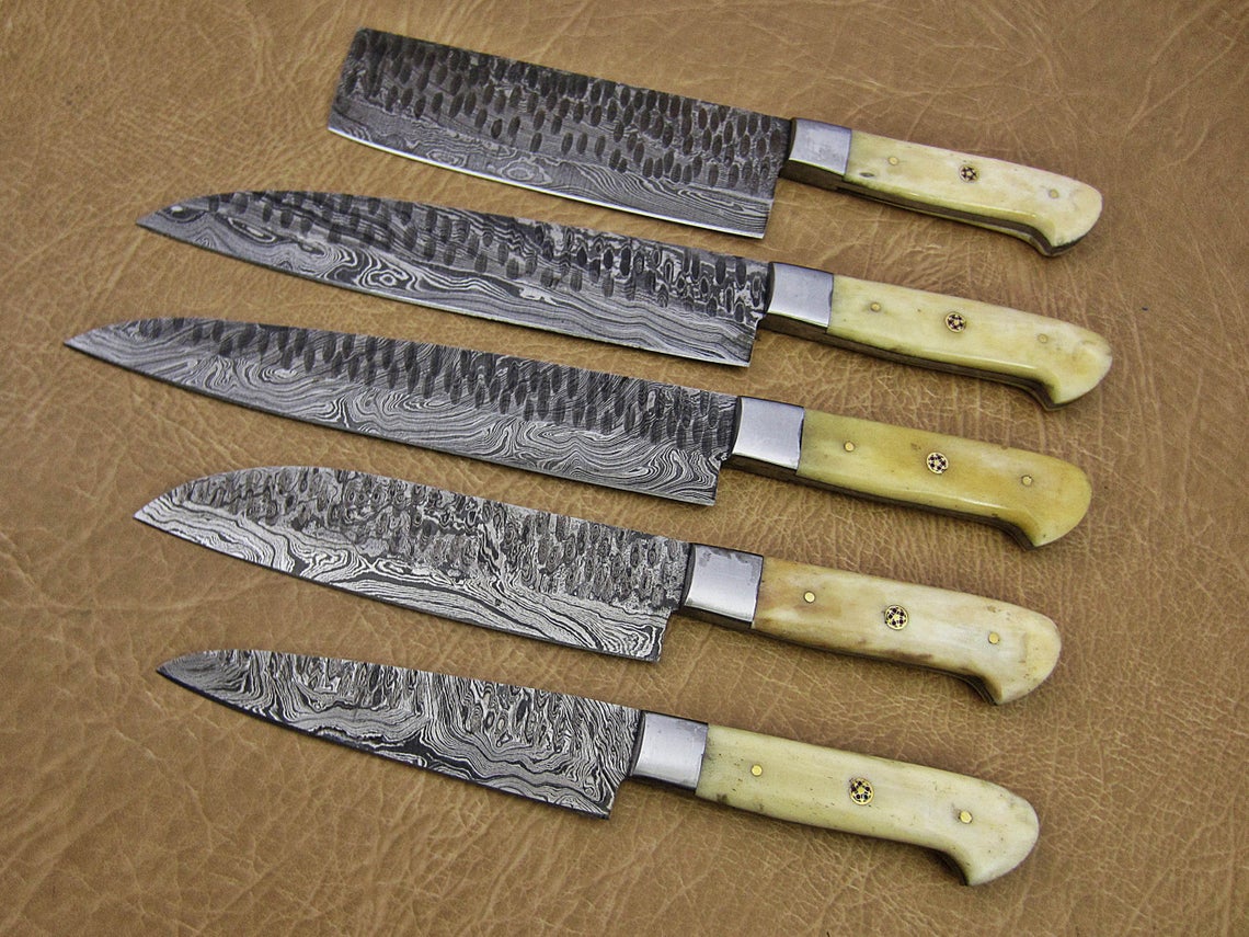 HS-163 Custom Handmade Damascus Five Pecs Kitchen/Chef Knives Set-  Camel Bone Handle - Best Price