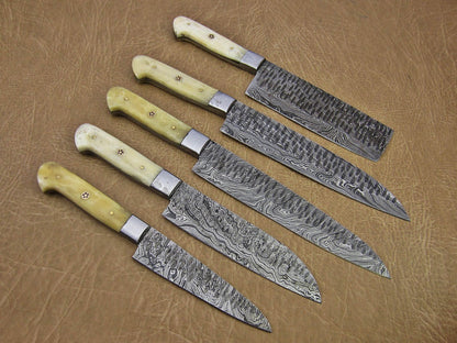 HS-163 Custom Handmade Damascus Five Pecs Kitchen/Chef Knives Set-  Camel Bone Handle - Best Price