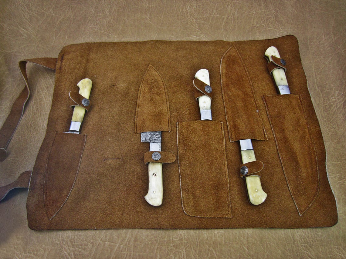 HS-163 Custom Handmade Damascus Five Pecs Kitchen/Chef Knives Set-  Camel Bone Handle - Best Price