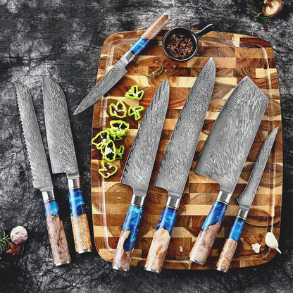 HS-177  Custom Handmade Damascus Eight Pecs Kitchen/Chef Knives - Blue Resin Wood Handle