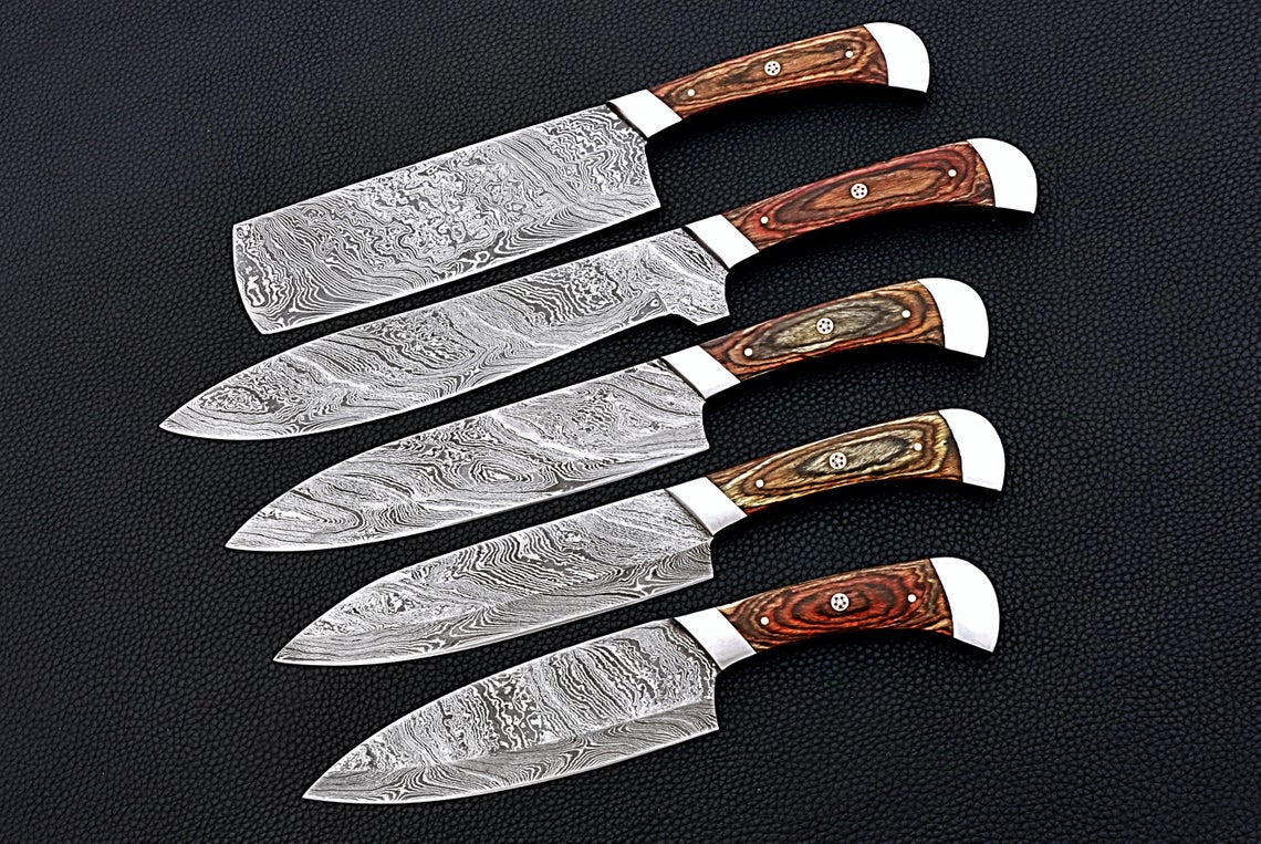 HS-162 Custom Handmade Damascus Five Pecs Kitchen/Chef Knives Set- Hard Wood Handle - Best Price