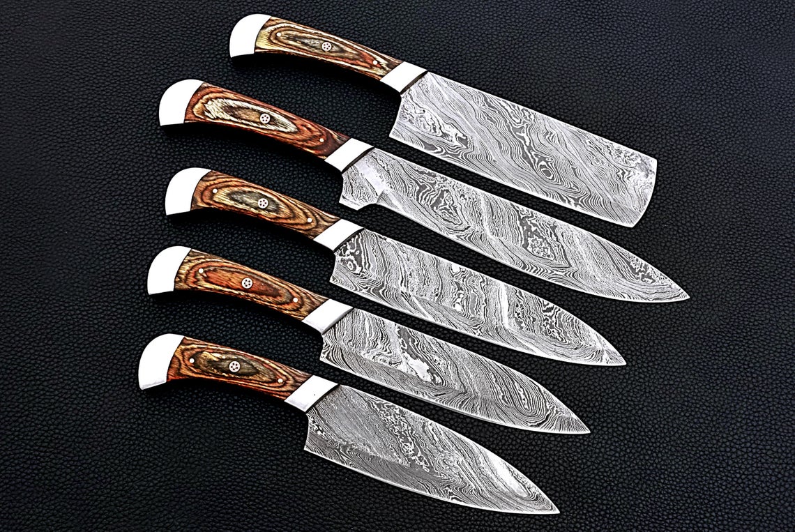 HS-159 Custom Handmade Damascus Five Pecs Kitchen/Chef Knives Set- Hard Wood Handle - Best Price