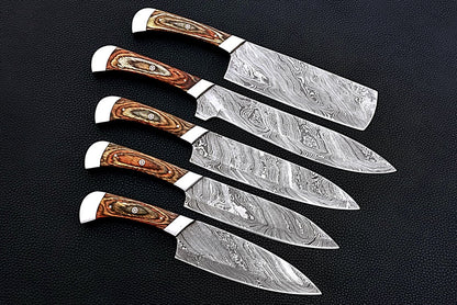 HS-159 Custom Handmade Damascus Five Pecs Kitchen/Chef Knives Set- Hard Wood Handle - Best Price