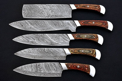 HS-159 Custom Handmade Damascus Five Pecs Kitchen/Chef Knives Set- Hard Wood Handle - Best Price