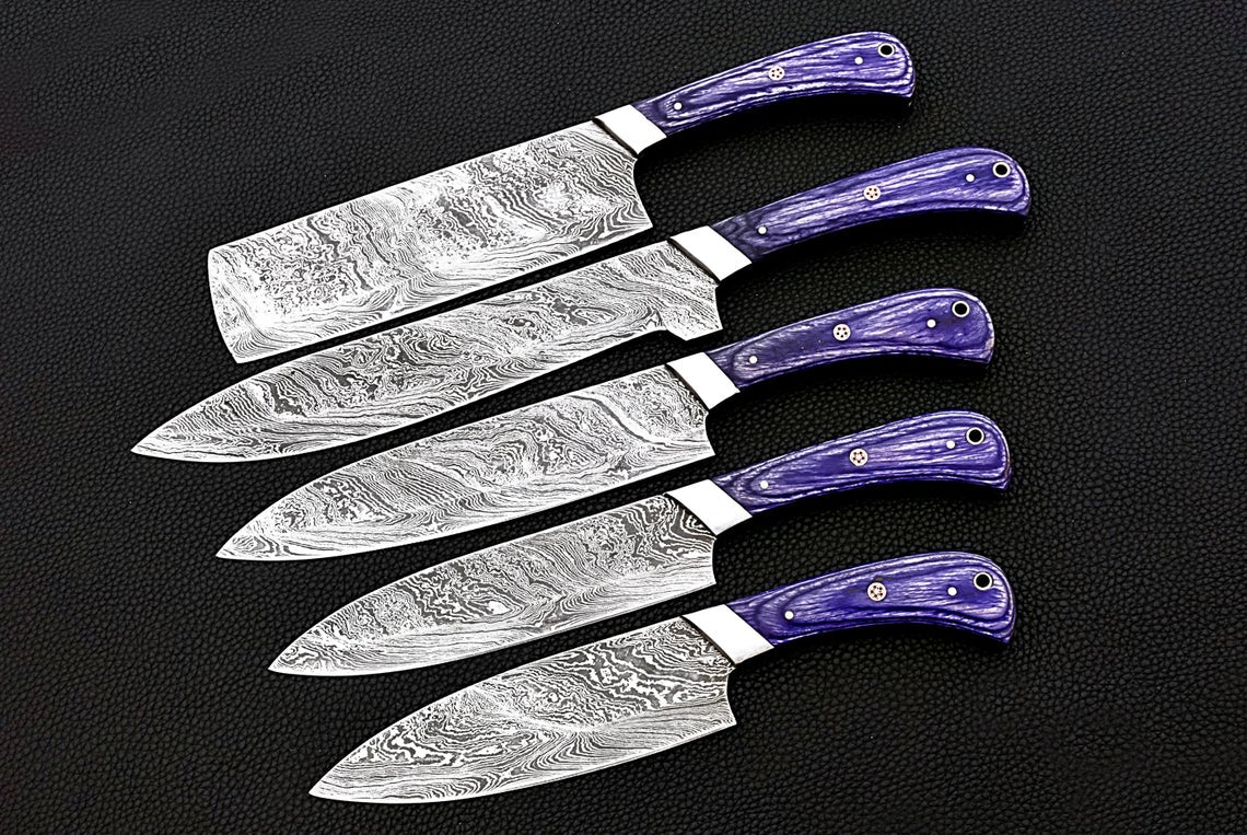 HS-161 Custom Handmade Damascus Five Pecs Kitchen/Chef Knives Set- Hard Wood Handle - Best Price