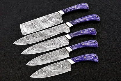 HS-161 Custom Handmade Damascus Five Pecs Kitchen/Chef Knives Set- Hard Wood Handle - Best Price
