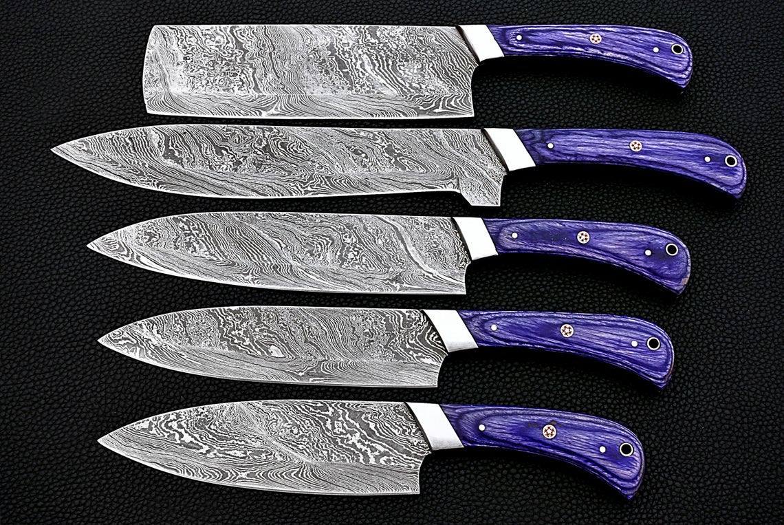 HS-161 Custom Handmade Damascus Five Pecs Kitchen/Chef Knives Set- Hard Wood Handle - Best Price