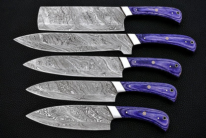 HS-161 Custom Handmade Damascus Five Pecs Kitchen/Chef Knives Set- Hard Wood Handle - Best Price