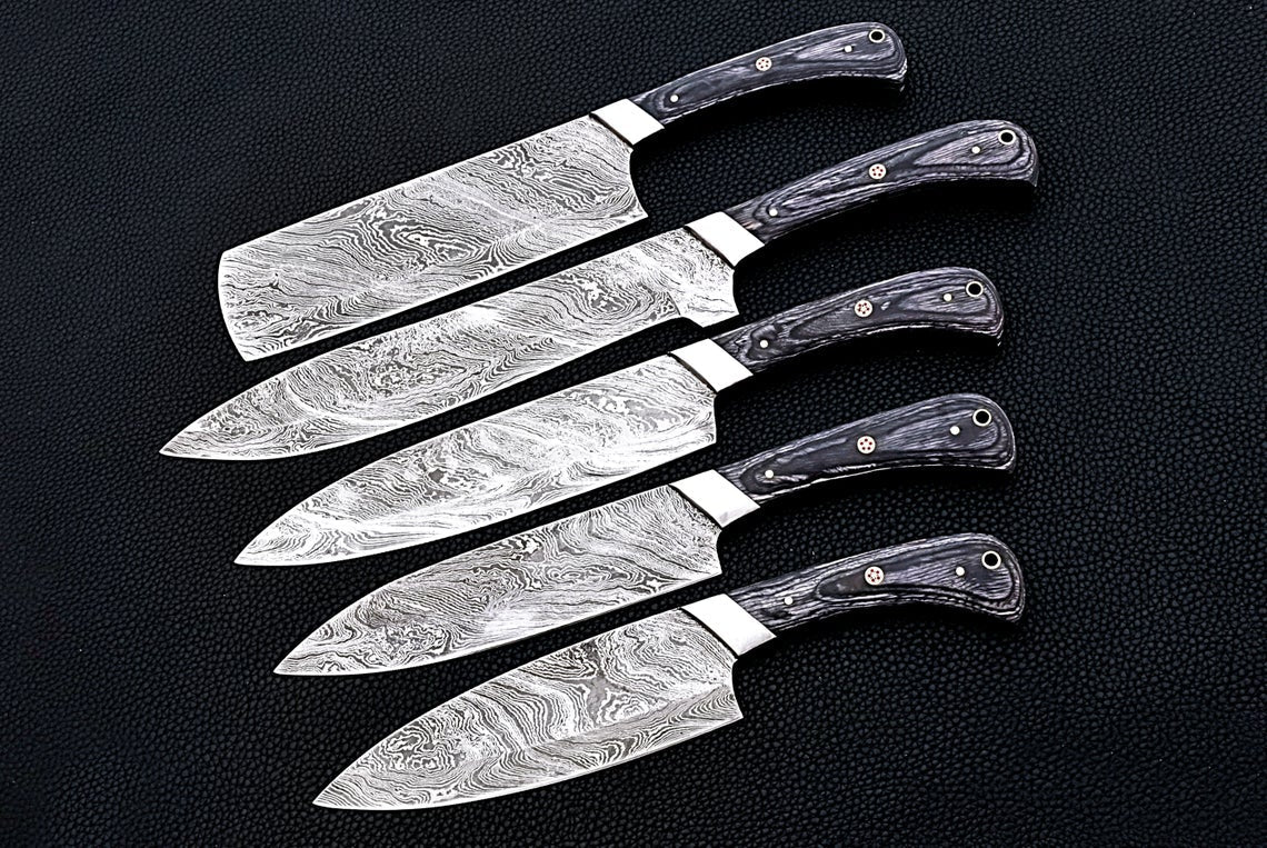 HS-164 Custom Handmade Damascus Five Pecs Kitchen/Chef Knives Set- Hard Wood Handle - Best Price