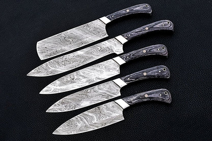 HS-164 Custom Handmade Damascus Five Pecs Kitchen/Chef Knives Set- Hard Wood Handle - Best Price