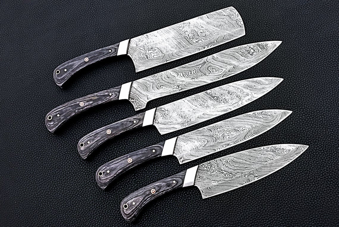 HS-164 Custom Handmade Damascus Five Pecs Kitchen/Chef Knives Set- Hard Wood Handle - Best Price