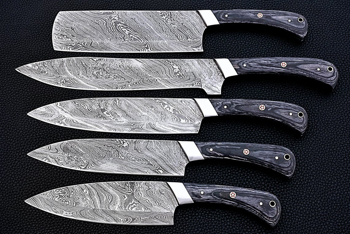 HS-164 Custom Handmade Damascus Five Pecs Kitchen/Chef Knives Set- Hard Wood Handle - Best Price