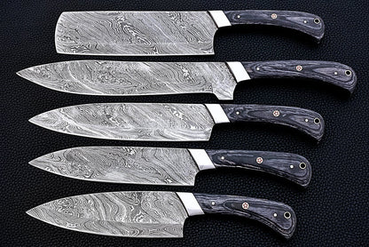 HS-164 Custom Handmade Damascus Five Pecs Kitchen/Chef Knives Set- Hard Wood Handle - Best Price