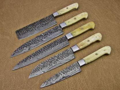 HS-163 Custom Handmade Damascus Five Pecs Kitchen/Chef Knives Set-  Camel Bone Handle - Best Price