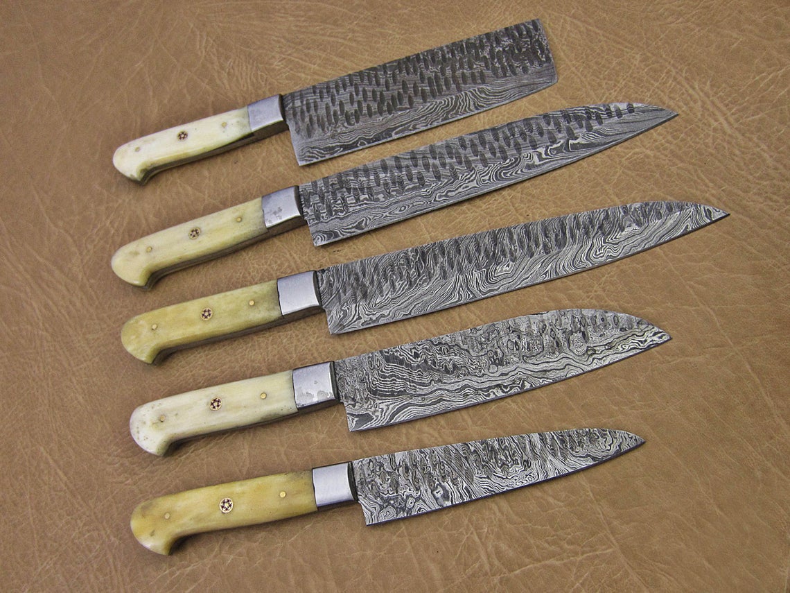 HS-163 Custom Handmade Damascus Five Pecs Kitchen/Chef Knives Set-  Camel Bone Handle - Best Price