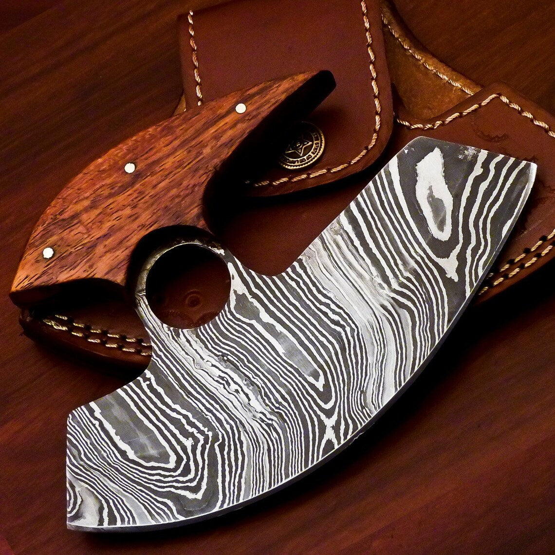 HS-1034 Personalized Damascus Chef Kitchen Ulu Knife Chef Knife Heavy Duty Damascus Handle Koa Wood with Leather Sheath