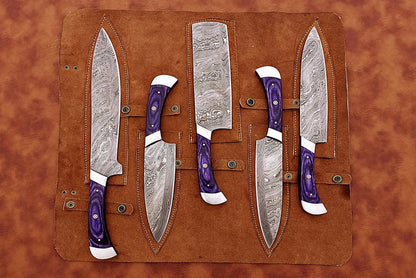 HS-160 Custom Handmade Damascus Five Pecs Kitchen/Chef Knives Set- Hard Wood Handle - Best Price