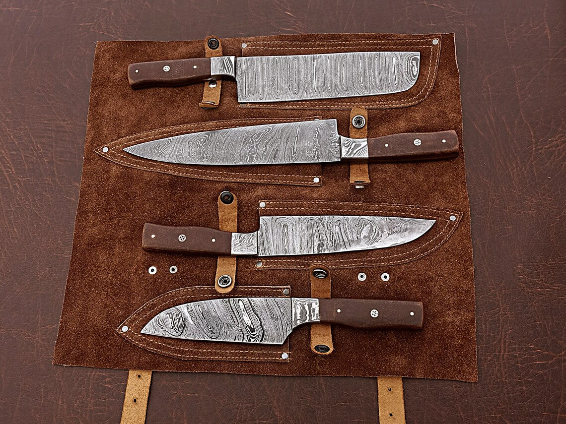 HS-166 Custom Handmade Damascus Four Pecs Kitchen/Chef Knives Set-  Micarta Handle - Best Price