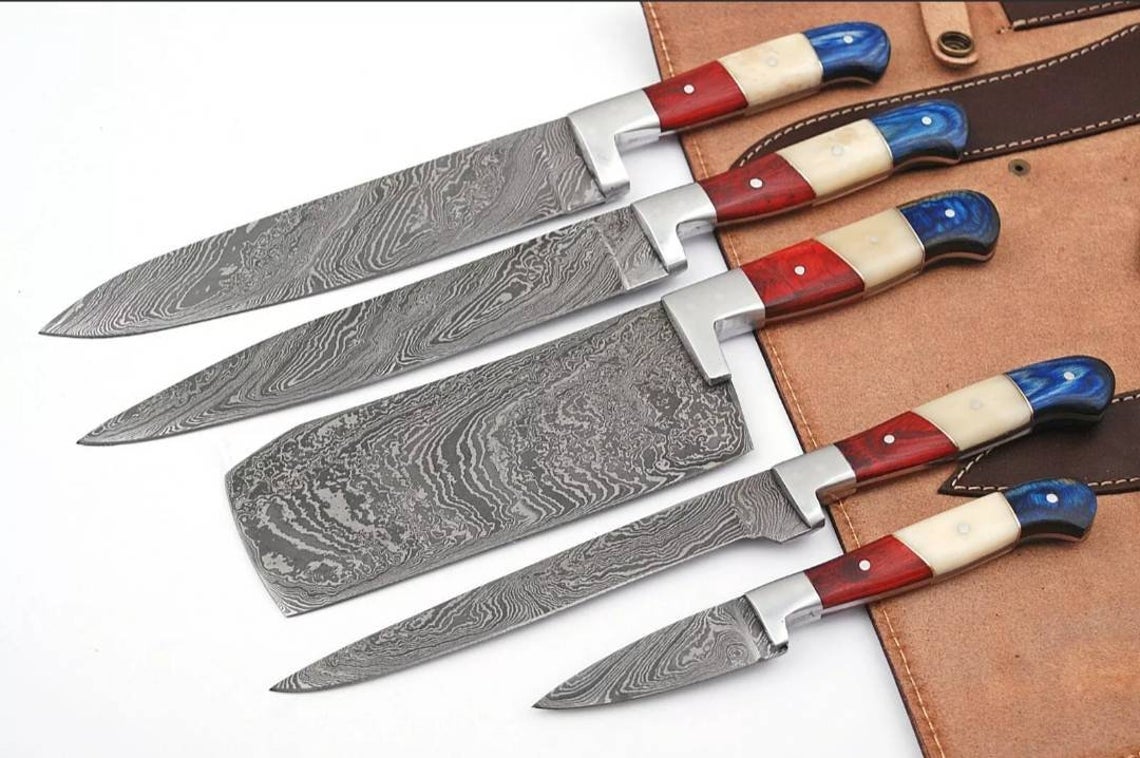 HS-174 Custom Handmade Damascus Five Pecs Kitchen/Chef Knives - Hard Wood Handle