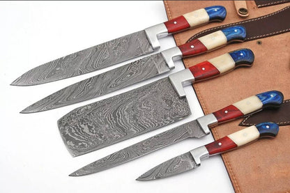 HS-174 Custom Handmade Damascus Five Pecs Kitchen/Chef Knives - Hard Wood Handle