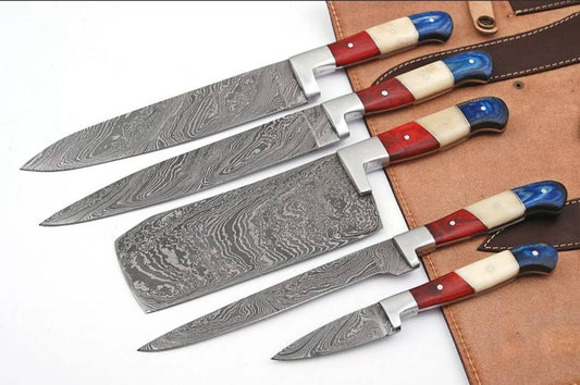 HS-174 Custom Handmade Damascus Five Pecs Kitchen/Chef Knives - Hard Wood Handle