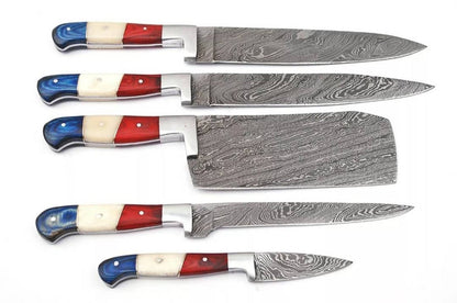 HS-174 Custom Handmade Damascus Five Pecs Kitchen/Chef Knives - Hard Wood Handle