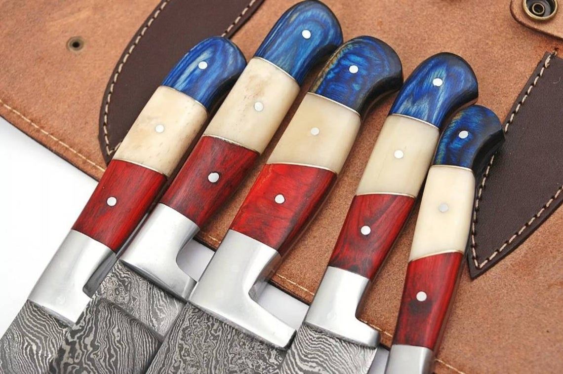 HS-174 Custom Handmade Damascus Five Pecs Kitchen/Chef Knives - Hard Wood Handle