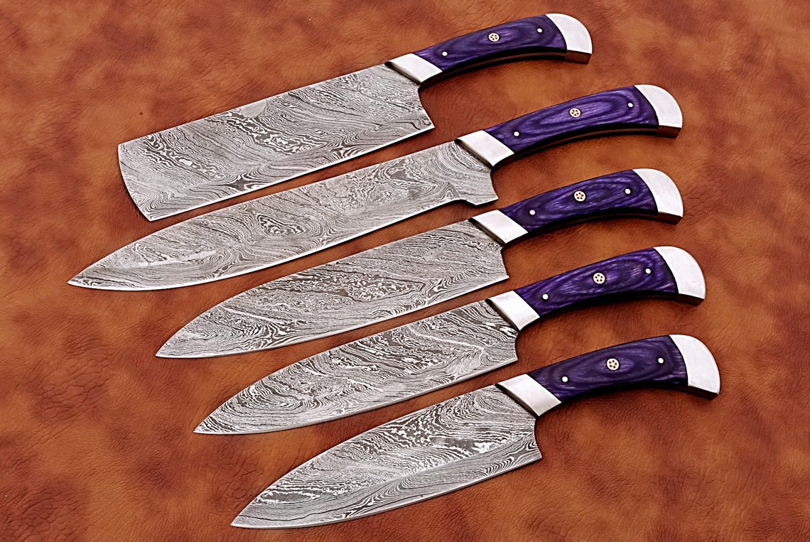 HS-160 Custom Handmade Damascus Five Pecs Kitchen/Chef Knives Set- Hard Wood Handle - Best Price