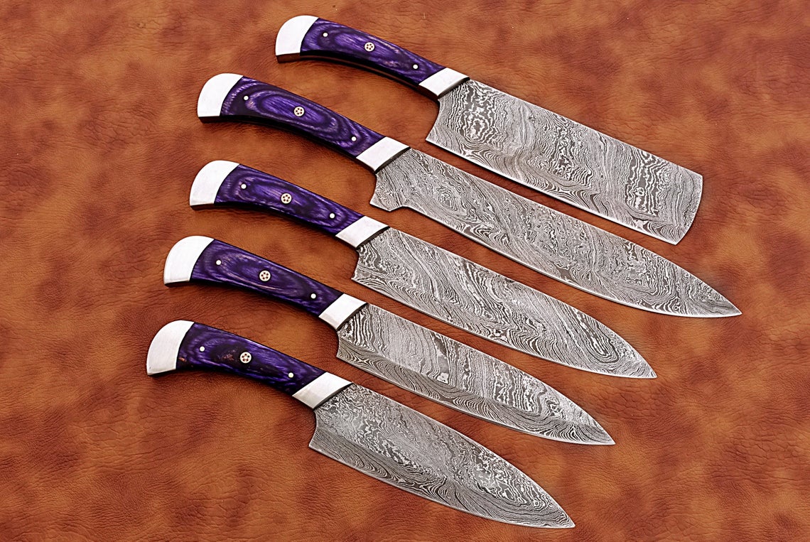 HS-160 Custom Handmade Damascus Five Pecs Kitchen/Chef Knives Set- Hard Wood Handle - Best Price