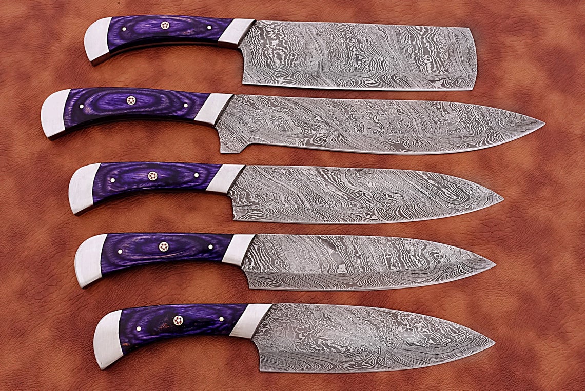 HS-160 Custom Handmade Damascus Five Pecs Kitchen/Chef Knives Set- Hard Wood Handle - Best Price