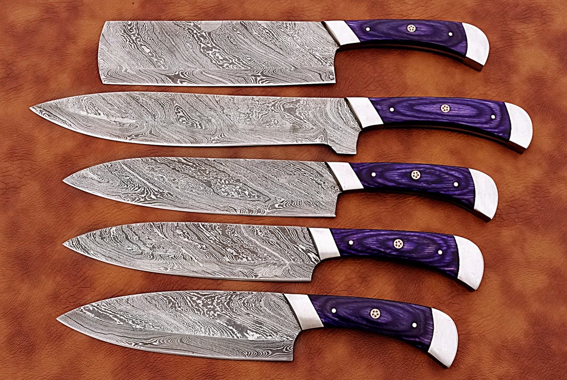 HS-160 Custom Handmade Damascus Five Pecs Kitchen/Chef Knives Set- Hard Wood Handle - Best Price