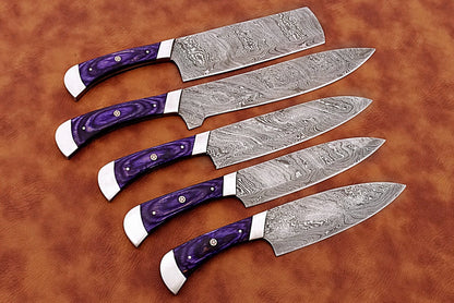 HS-160 Custom Handmade Damascus Five Pecs Kitchen/Chef Knives Set- Hard Wood Handle - Best Price