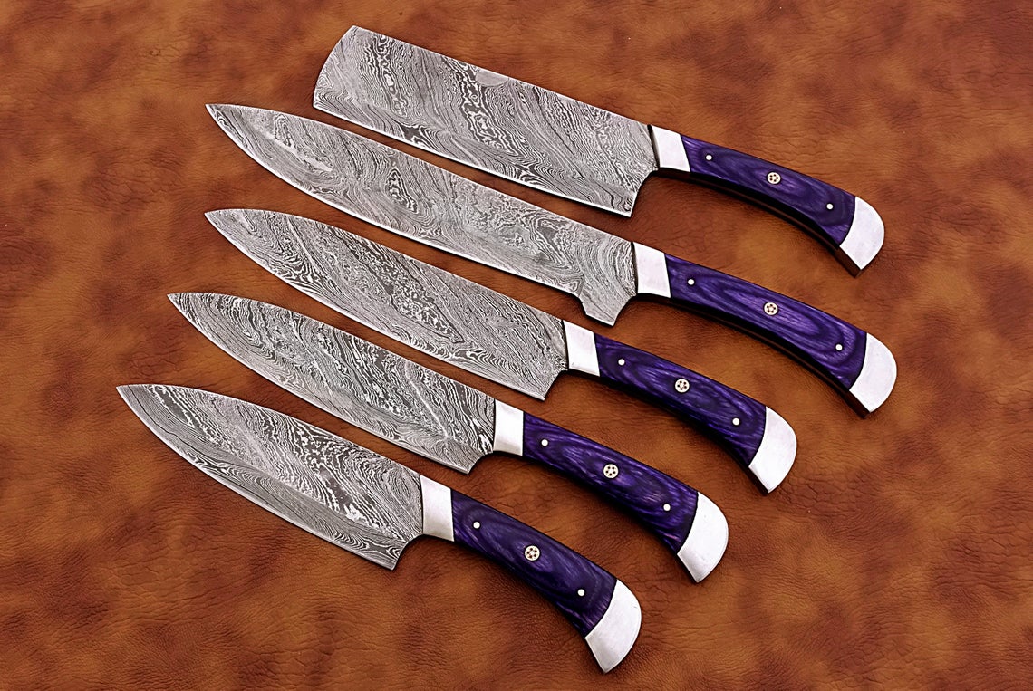 HS-160 Custom Handmade Damascus Five Pecs Kitchen/Chef Knives Set- Hard Wood Handle - Best Price