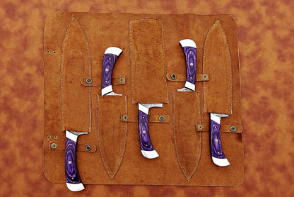 HS-160 Custom Handmade Damascus Five Pecs Kitchen/Chef Knives Set- Hard Wood Handle - Best Price