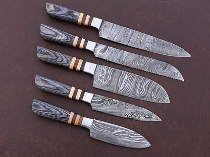 HS-168 Custom Handmade Damascus Five Pecs Kitchen/Chef Knives Set-  Hard Wood Handle - Best Price