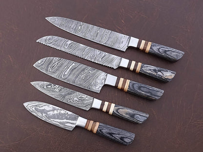 HS-168 Custom Handmade Damascus Five Pecs Kitchen/Chef Knives Set-  Hard Wood Handle - Best Price