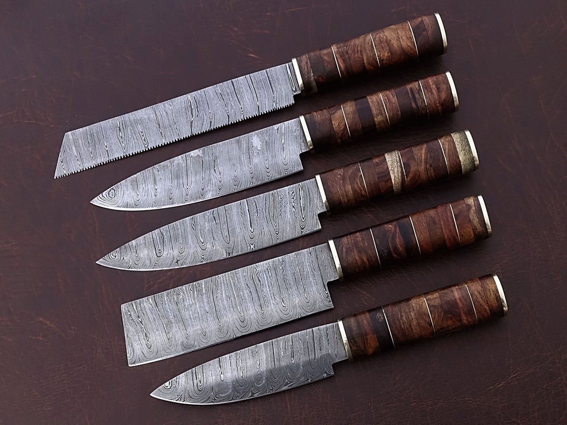 HS-167 Custom Handmade Damascus Five Pecs Kitchen/Chef Knives Set-  Rose Wood Handle - Best Price